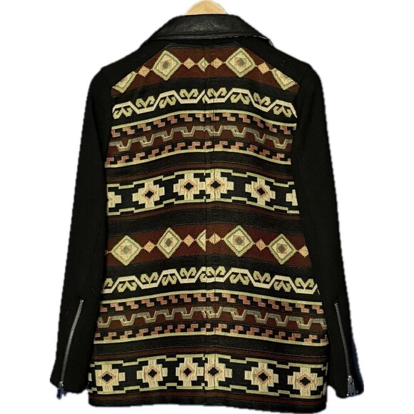 ZARA WOMAN LEATHER WOOL BLACK MOTORCYCLE MOTO JACKET EMBROIDERED TRIBAL SZ S - Picture 2 of 3